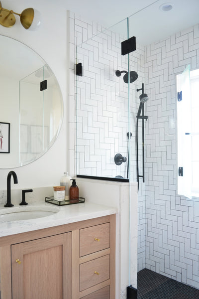 shower with herringbone tile