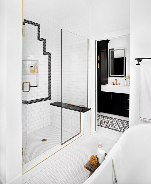 shower with subway and penny tile