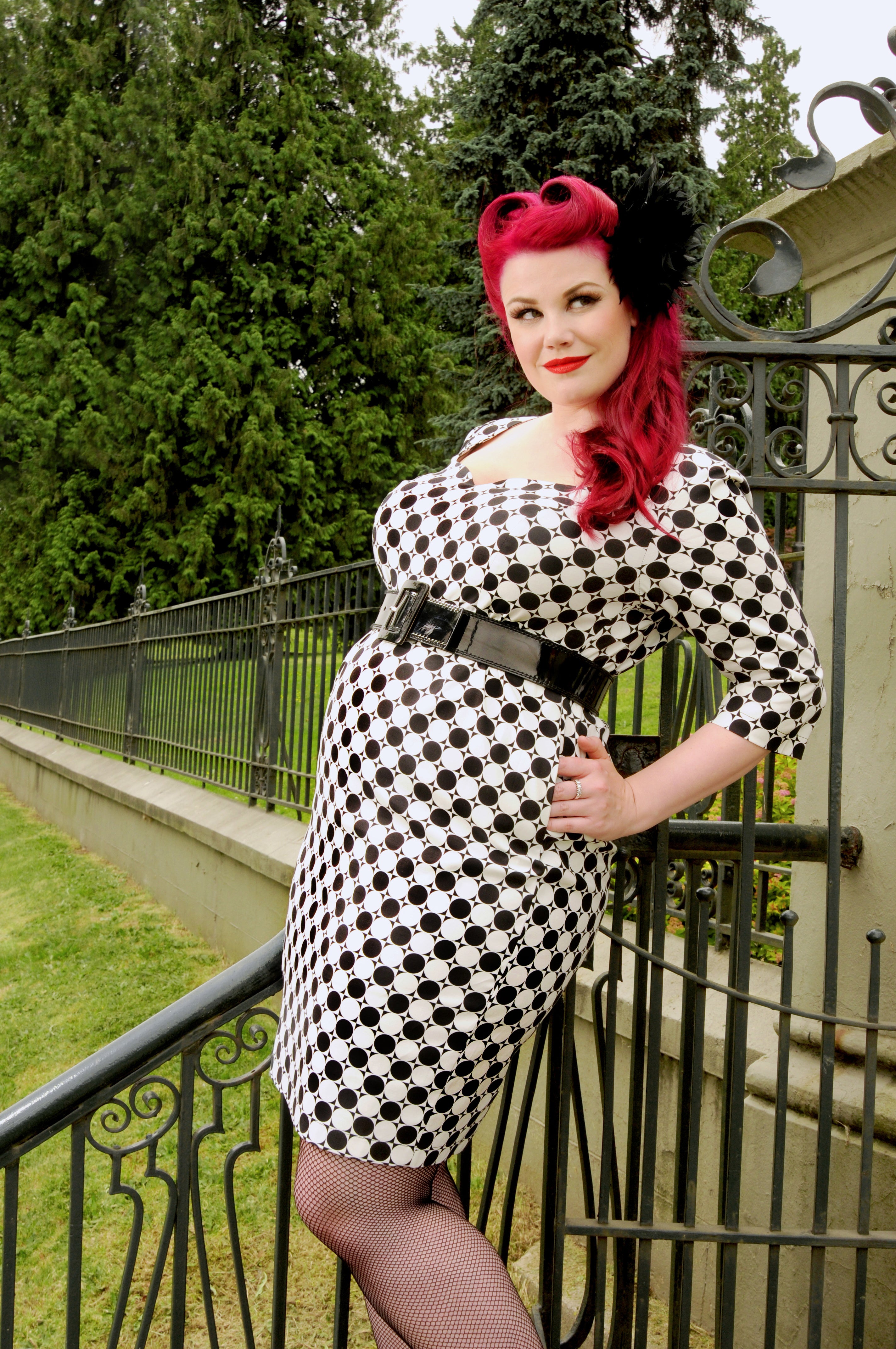 Ruby Roxx models a black and white Cherry Velvet dress called Adele