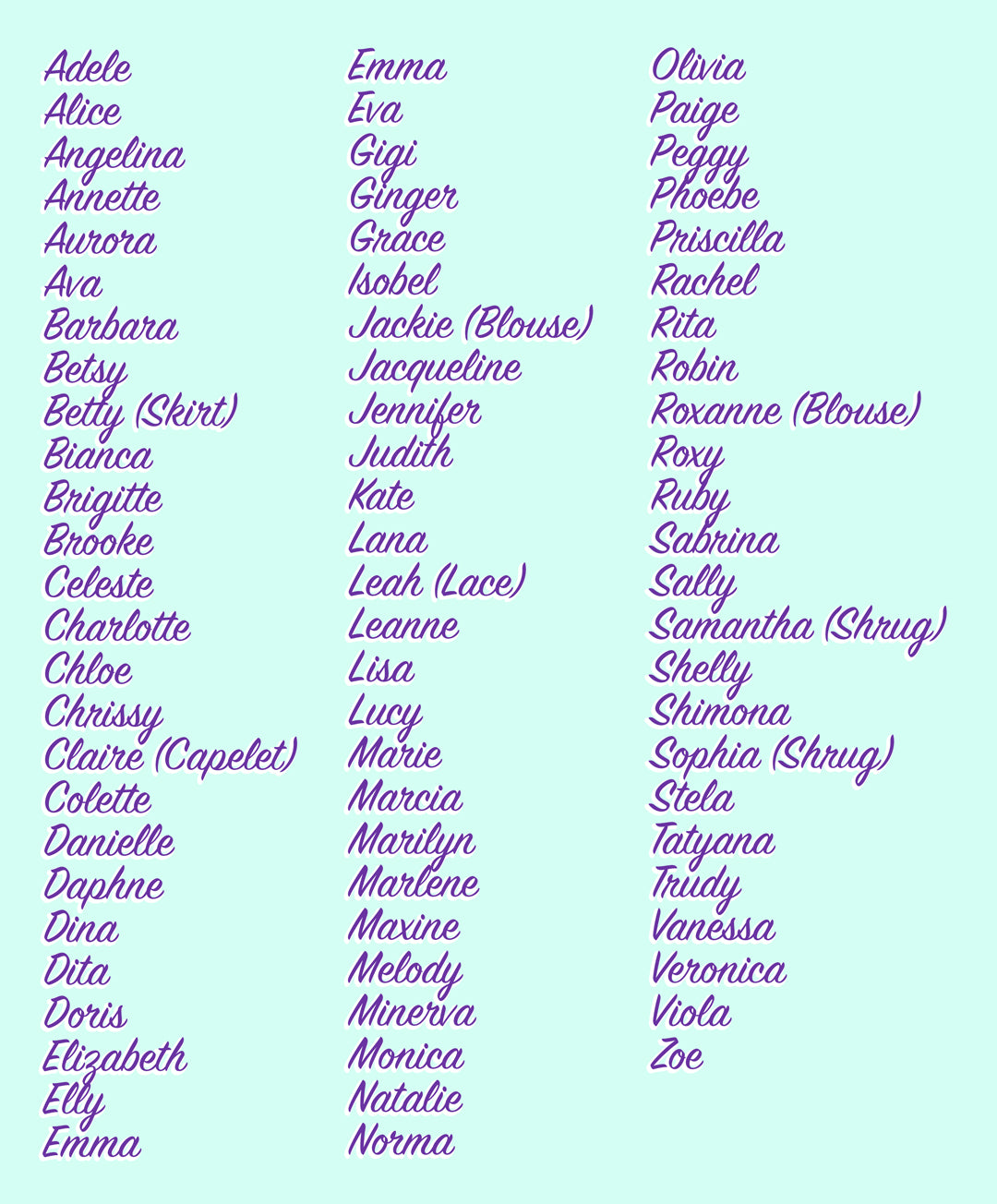 Master list of all Cherry Velvet dress names