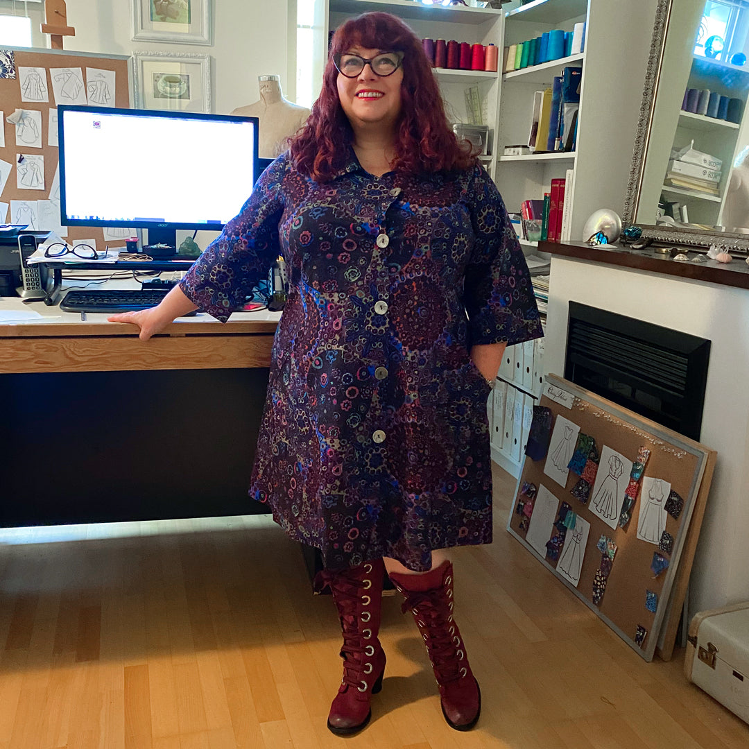 Cherry Velvet designer Diane Kennedy wearing a printed dress