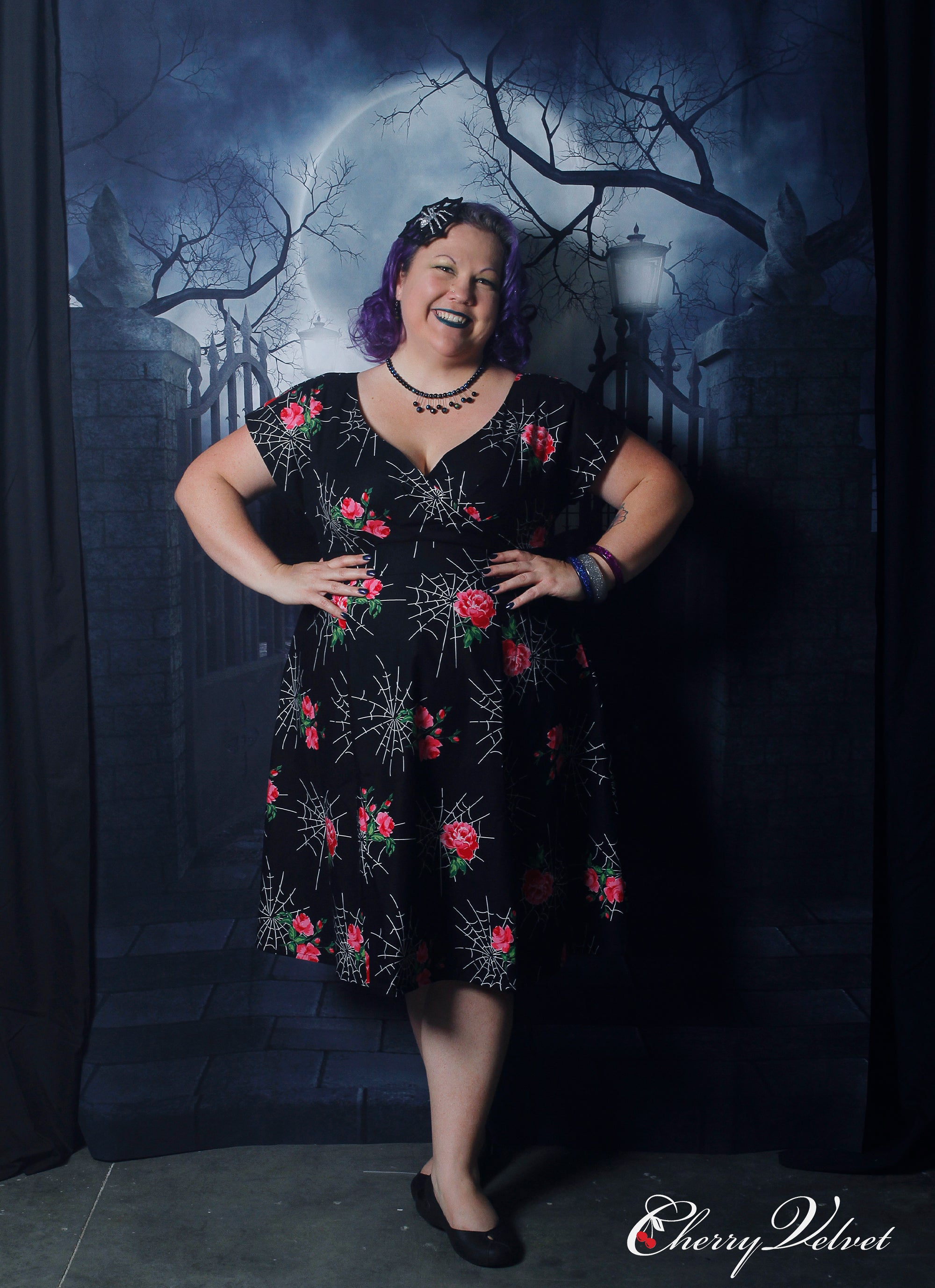 Customer in Cherry Velvet dress at Halloween is Brewing event