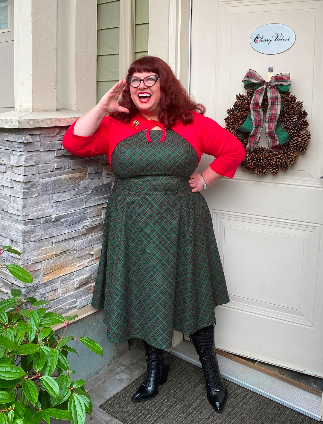 Cherry Velvet designer Diane Kennedy wearing a green plaid dress