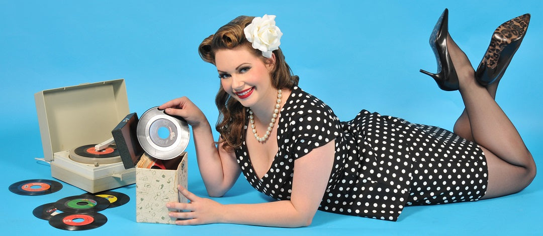 Model Danielle wearing a black and white polka dot dress from 2012
