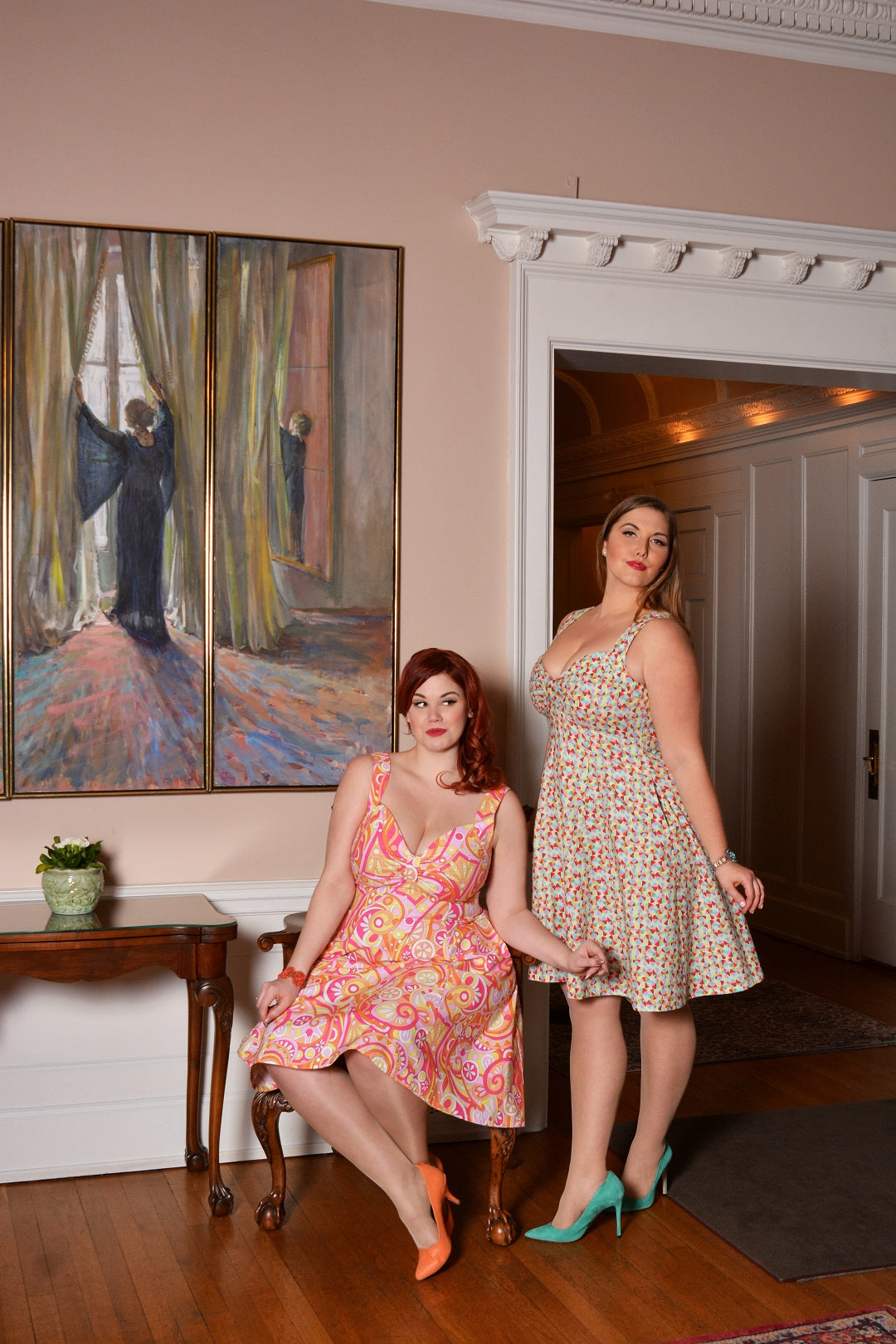Models Ruby Roxx and Charlotte Doering wear Cherry Velvet dresses at Hycroft Manor