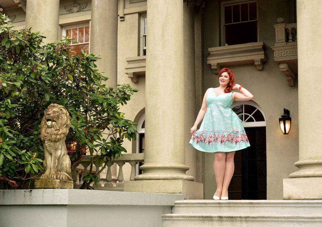 Model Ruby Roxx wearing a Cherry Velvet Dress at Hycroft Manor