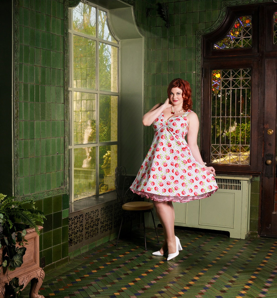 Model Ruby Roxx wearing a Cherry Velvet dress at Hycroft Manor