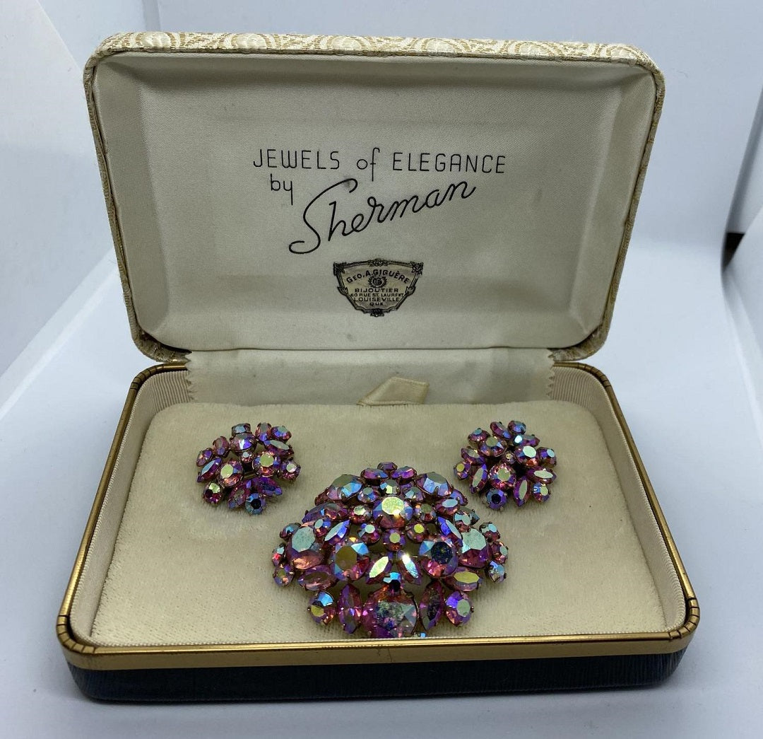 Sherman vintage rhinestone earring and brooch set in box