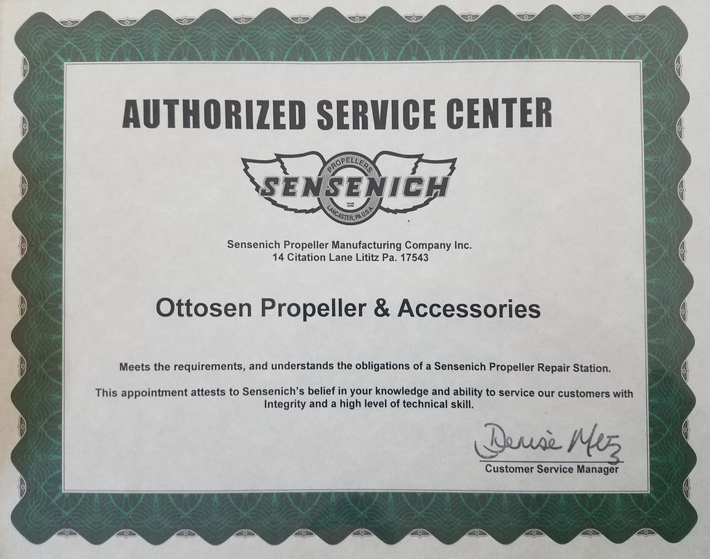 OTTOSEN PROPELLER IS A SENSENICH AUTHORIZED SERVICE CENTER CERTIFICATE