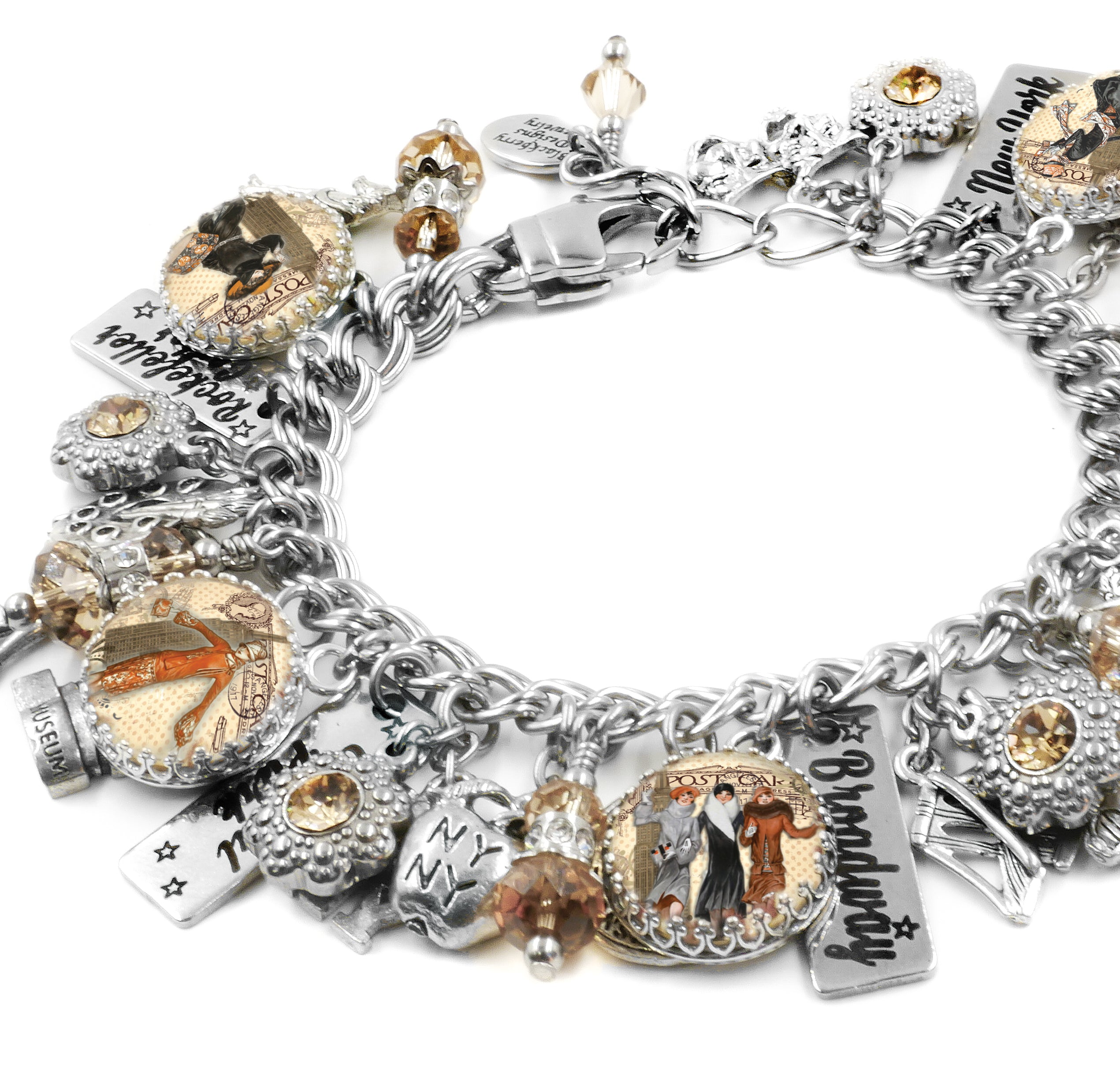 Vintage New York Charm Bracelet with Topaz Crystals and New York Charms