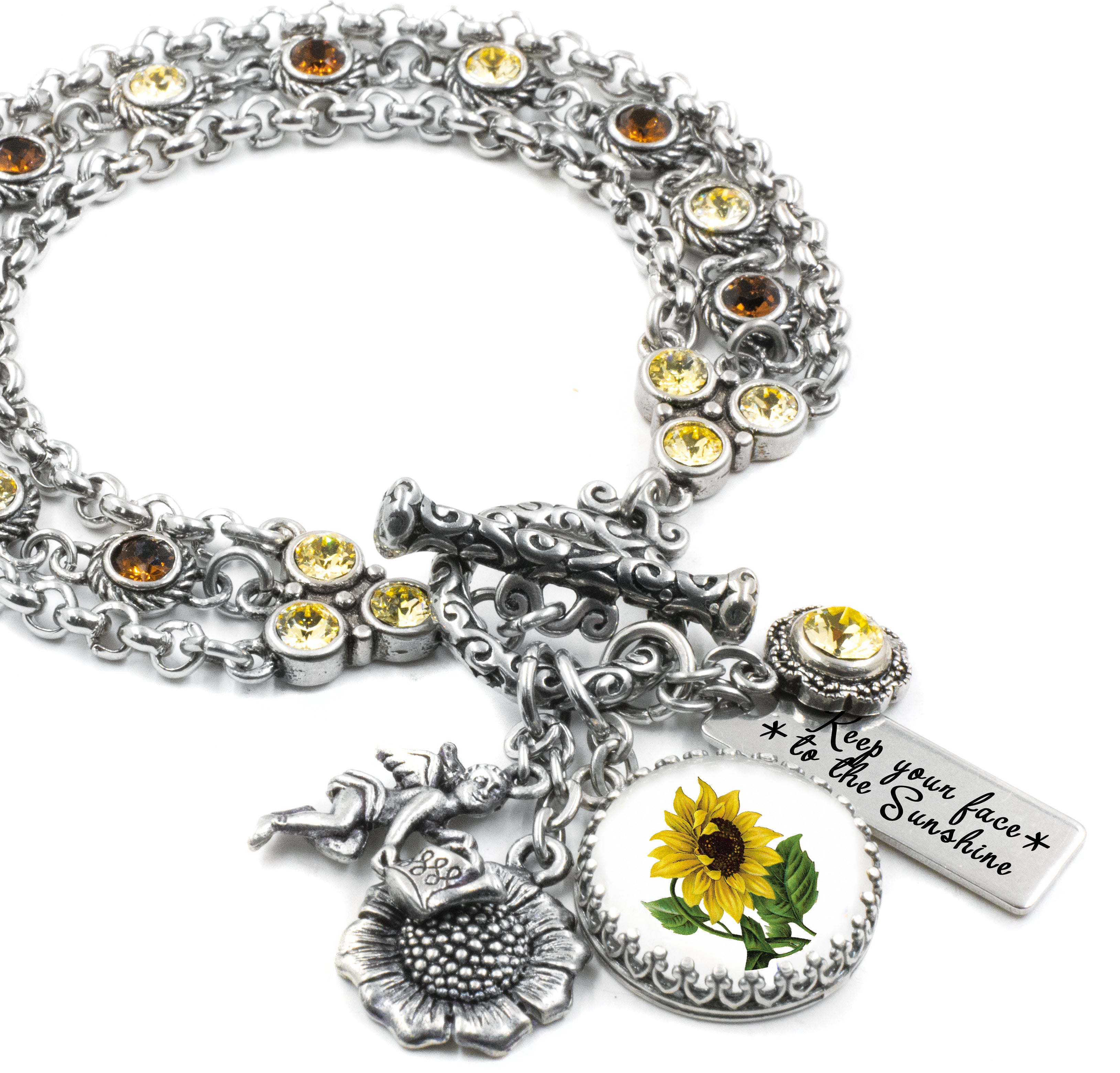 Sunflower Bracelet with Bee Charms in Gold and Brown Swarovski Crystals