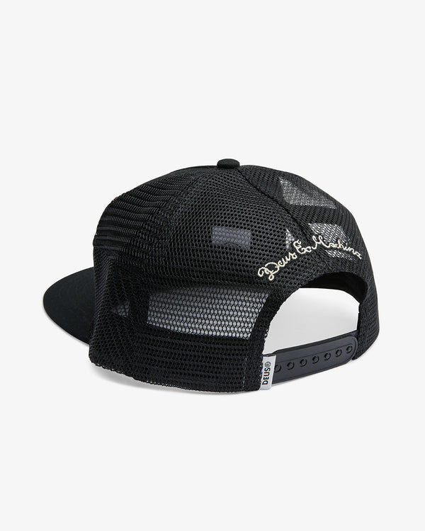 shallow fit trucker cap with front embroidered patch, back embroidered art in 100% cotton twill and polyester mesh fabric with plastic snap adjuster