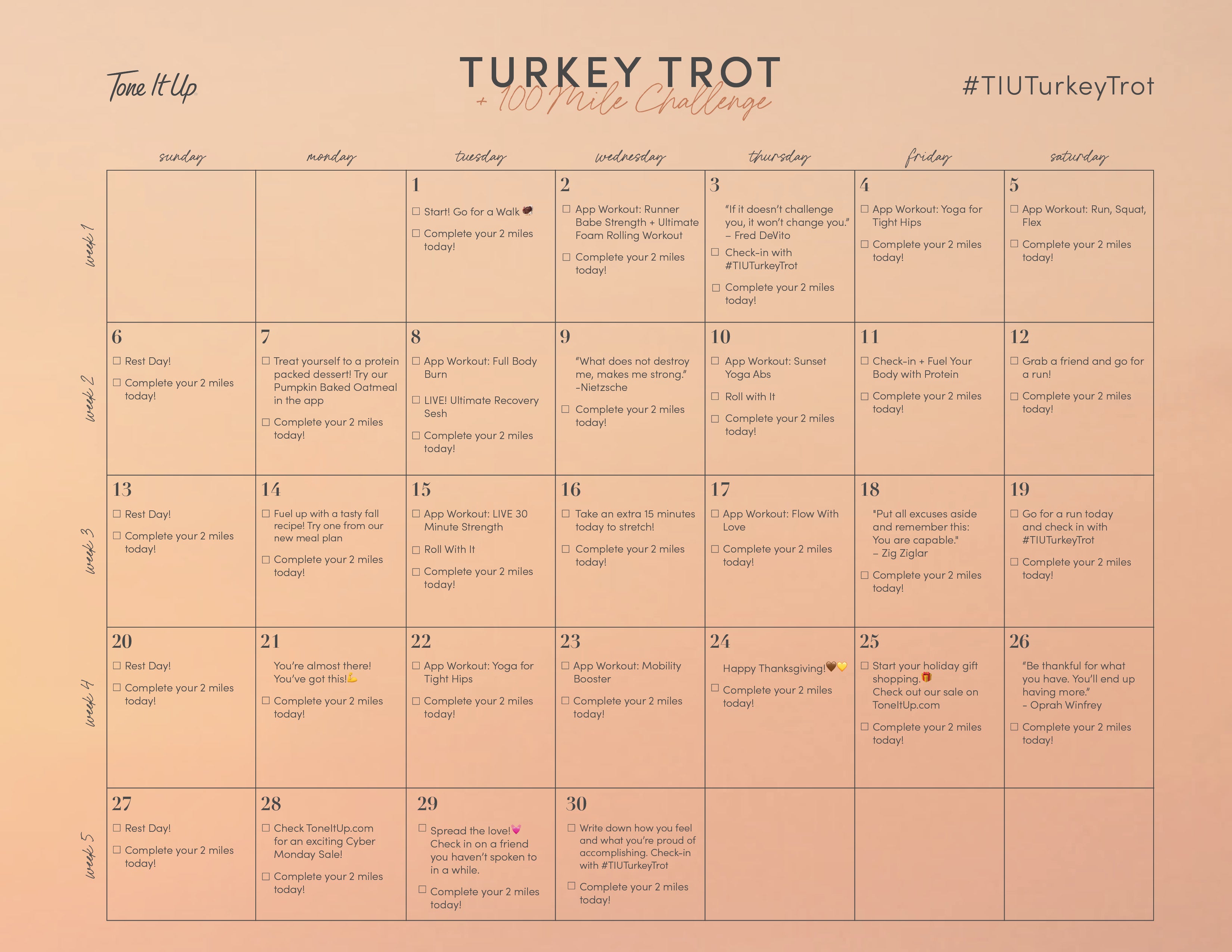Tone It Up Turkey Trot Calendar