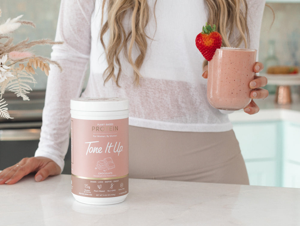 Tone It Up Protein Plant Based Chocolate Protein Powder Delicious Strawberry Smoothie
