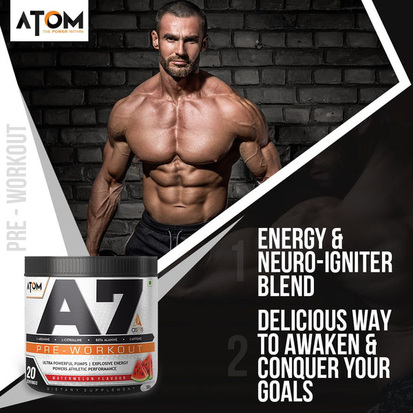 AS-IT-IS ATOM A7 Pre-workout for Pump & Performance, 20 servings / 100gms | Caffeine 200mg | with L-arginine, Creatine, Beta-alanine for Athletic Performance | Watermelon Flavour