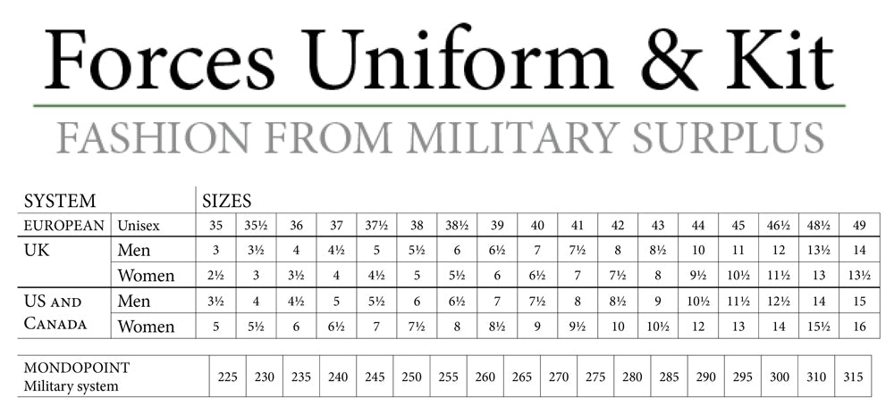 footwear sizes chart