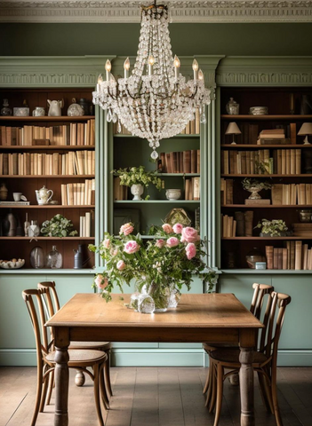 Crystal chandelier above dining table