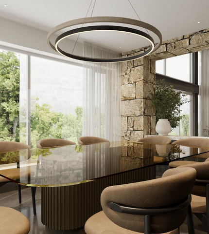 Contemporary LED circle pendant lights above a dining table