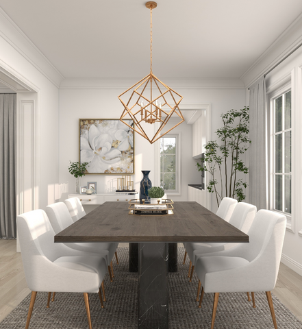 Geometric chandelier over a dining table
