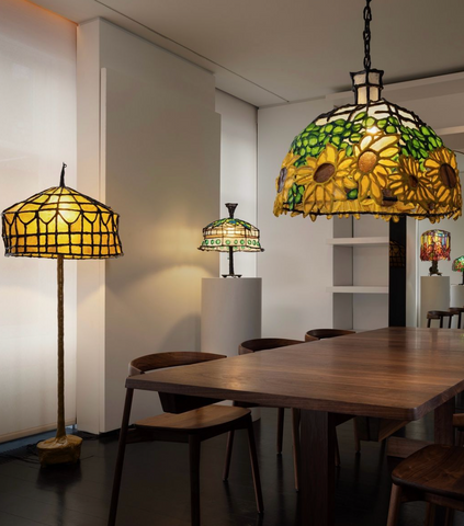 Tiffany-style stained glass lighting over a dining table