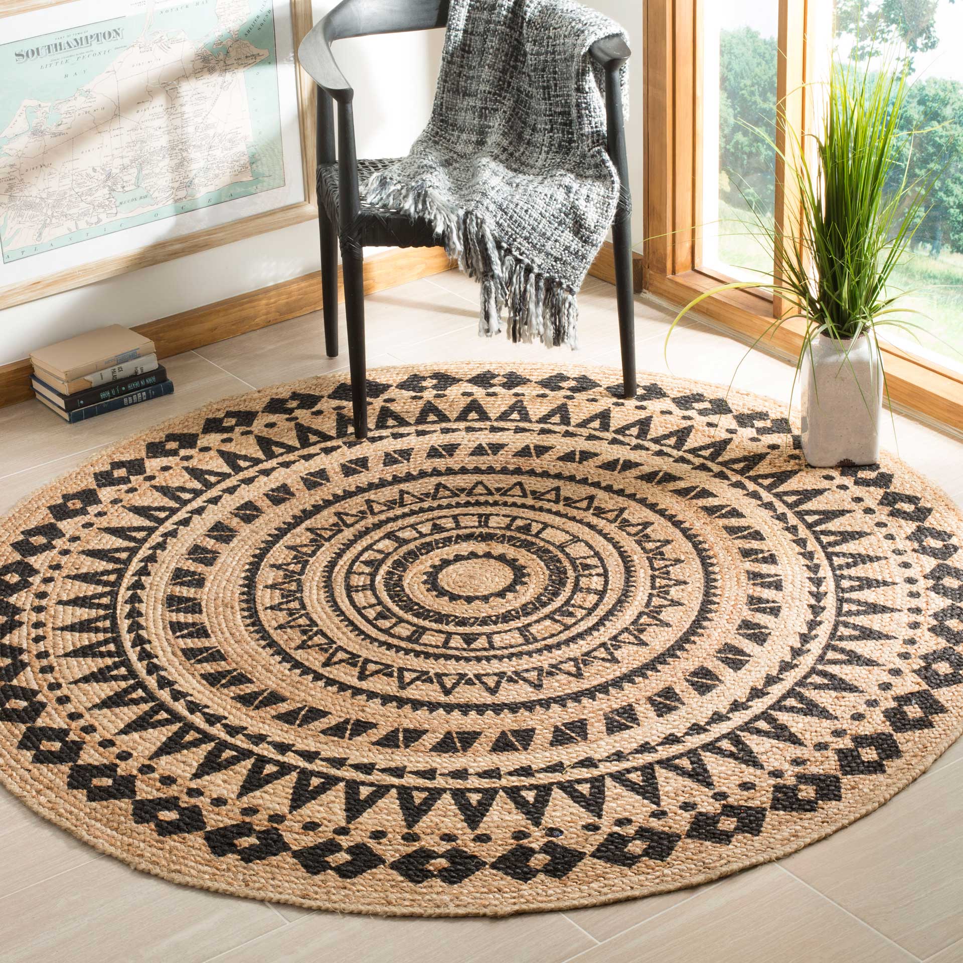 Natural Fiber Aztec Black/Natural Round Rug