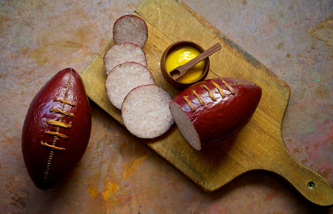 summer sausage football, american charcuterie, midwest sausage, mustard, football season, father's day