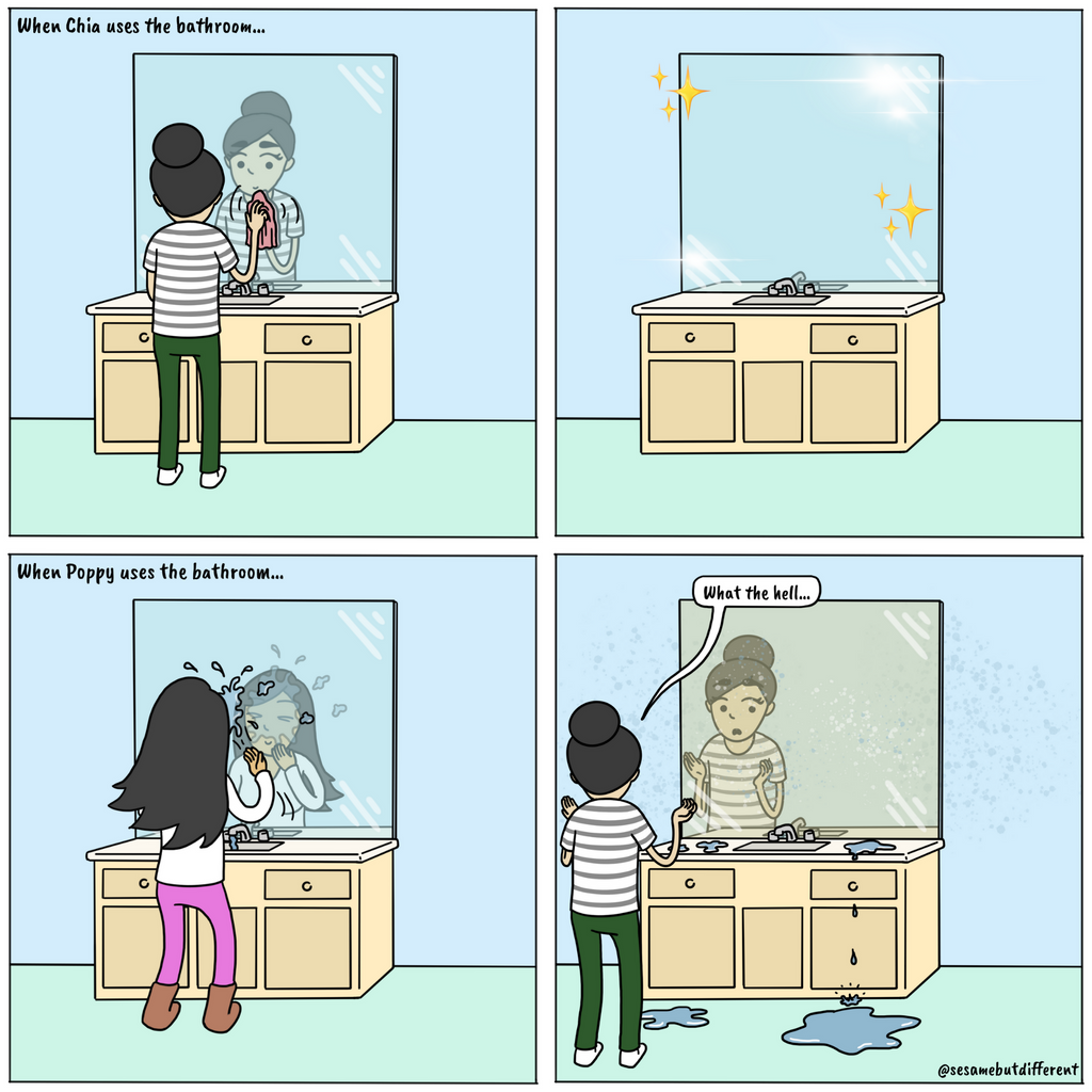 A cute lesbian relationship comic about how your partner, wife or girlfriend is more messy in the bathroom than you are. Check out Sesame But Different for more heartwarming lesbian comics, content, and gifts.