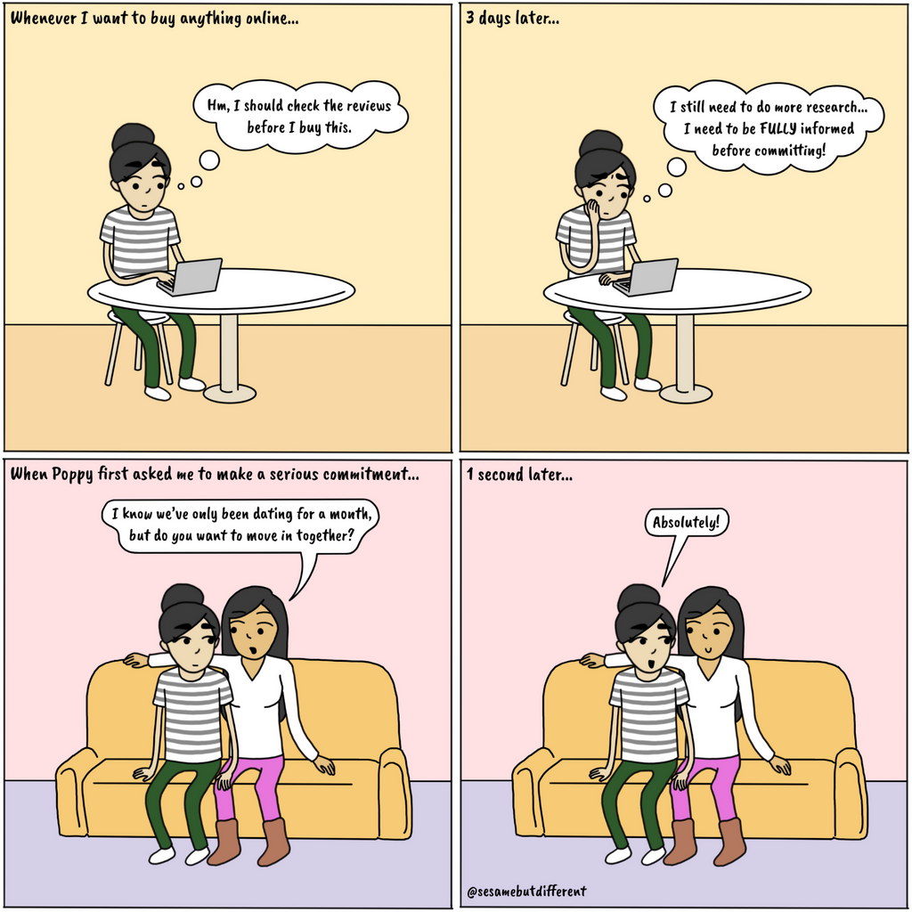 A cute lesbian relationship comic about how decisions that require further commitment to your girlfriend are easy. Check out Sesame But Different for more heartwarming lesbian comics, content, and gifts.