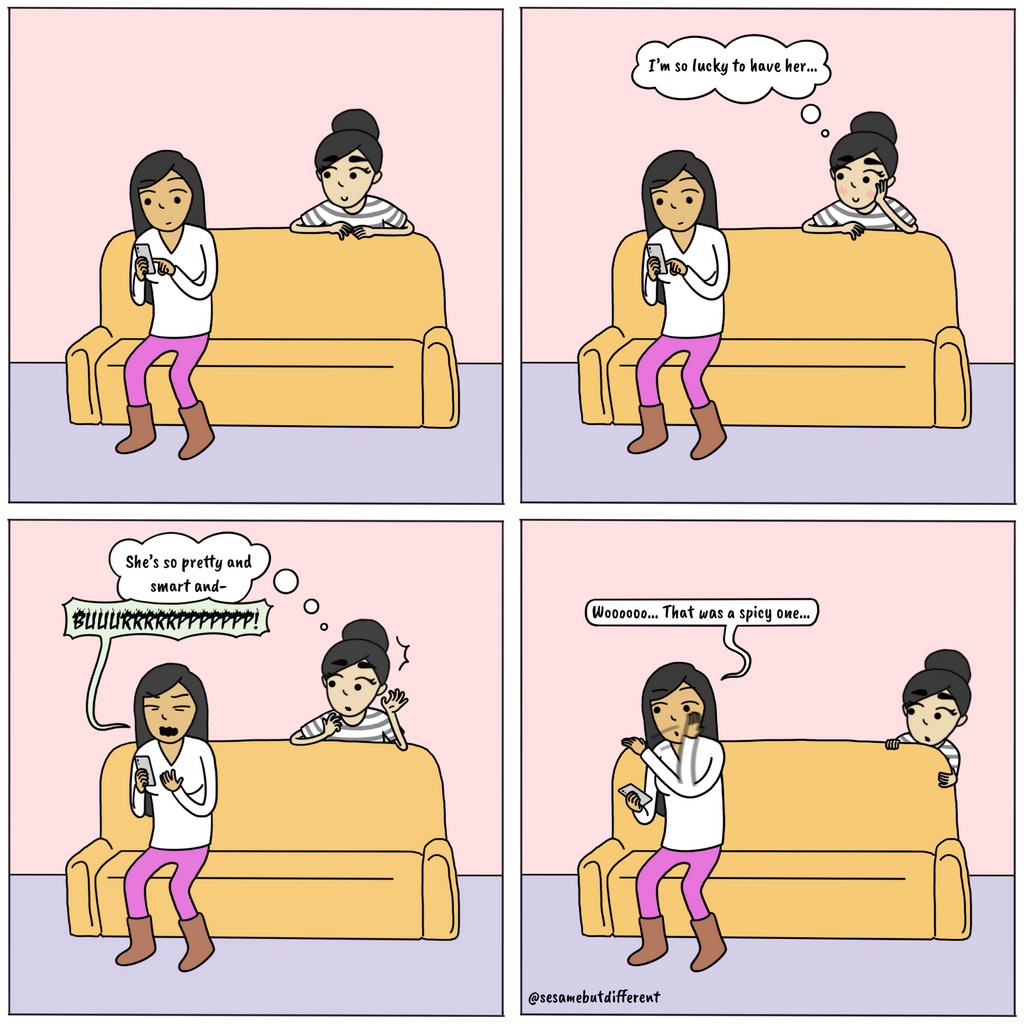 A cute lesbian relationship comic about how your partner lets out gnarly burps when you least expect it. Check out Sesame But Different for more heartwarming lesbian comics, content, and gifts.