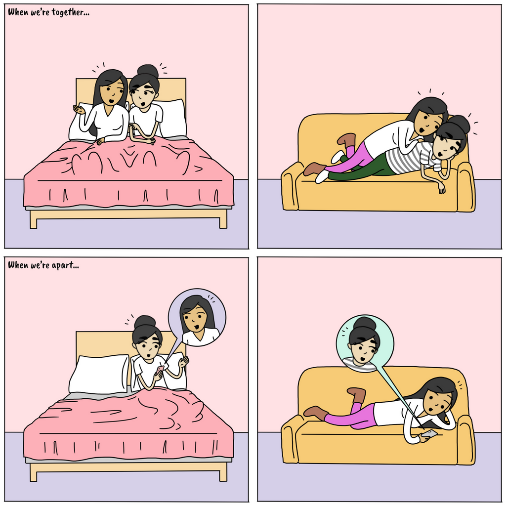 A cute lesbian relationship comic about how you're always connected with your partner, regardless of if you're physically together or apart. Check out Sesame But Different for more heartwarming lesbian comics, content, and gifts.