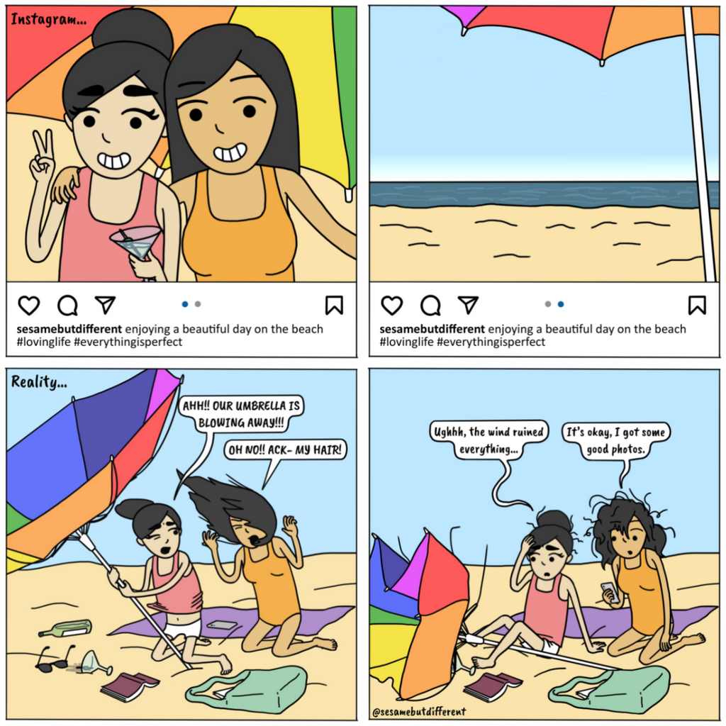 A cute lesbian relationship comic about how social media is not reflective of real life. Check out Sesame But Different for more heartwarming lesbian comics, content, and gifts.