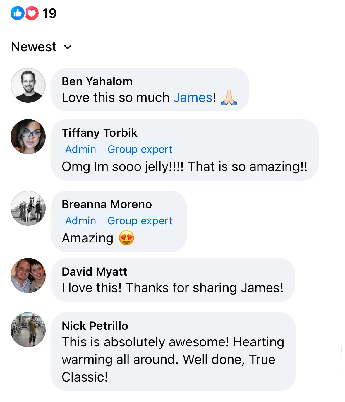 Comments expressing admiration for a shared post by James, with likes and emojis.