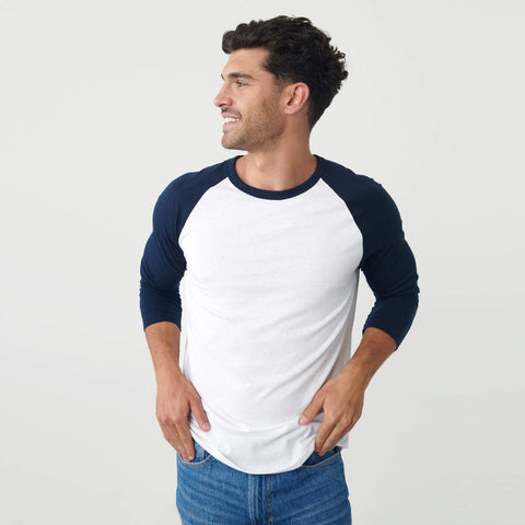 Man wearing True Classic White/Navy Baseball Raglan