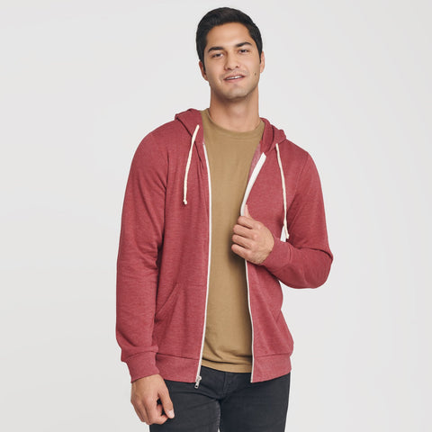 Man wearing True Classic Cardinal Red Fleece Zip Hoodie and Tan 499 Crew Neck T-Shirt