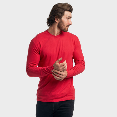 Man Wearing Red Crew Neck Long Sleeve