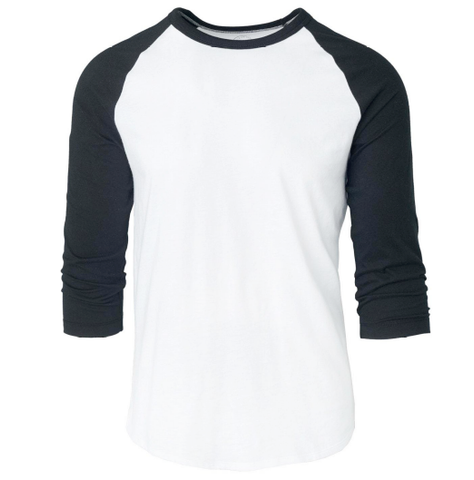 A white and black raglan shirt.