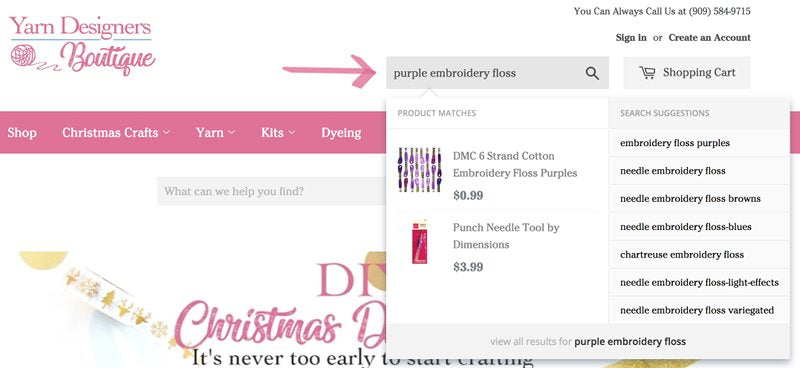 how to search for embroidery floss online yarn designers boutique website with search terms purple embroidery floss and results
