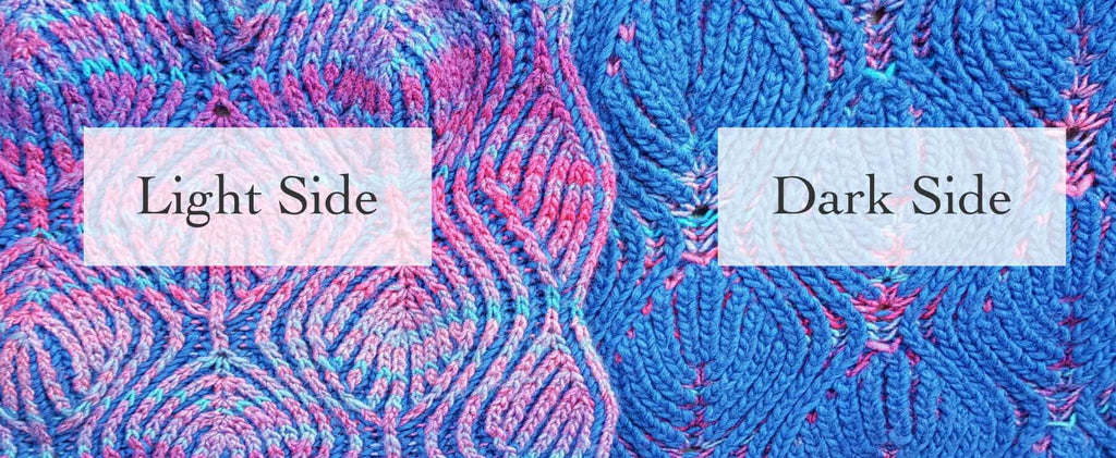 biroche knitting light side and dark side revisible knitting sample in blue and magenta