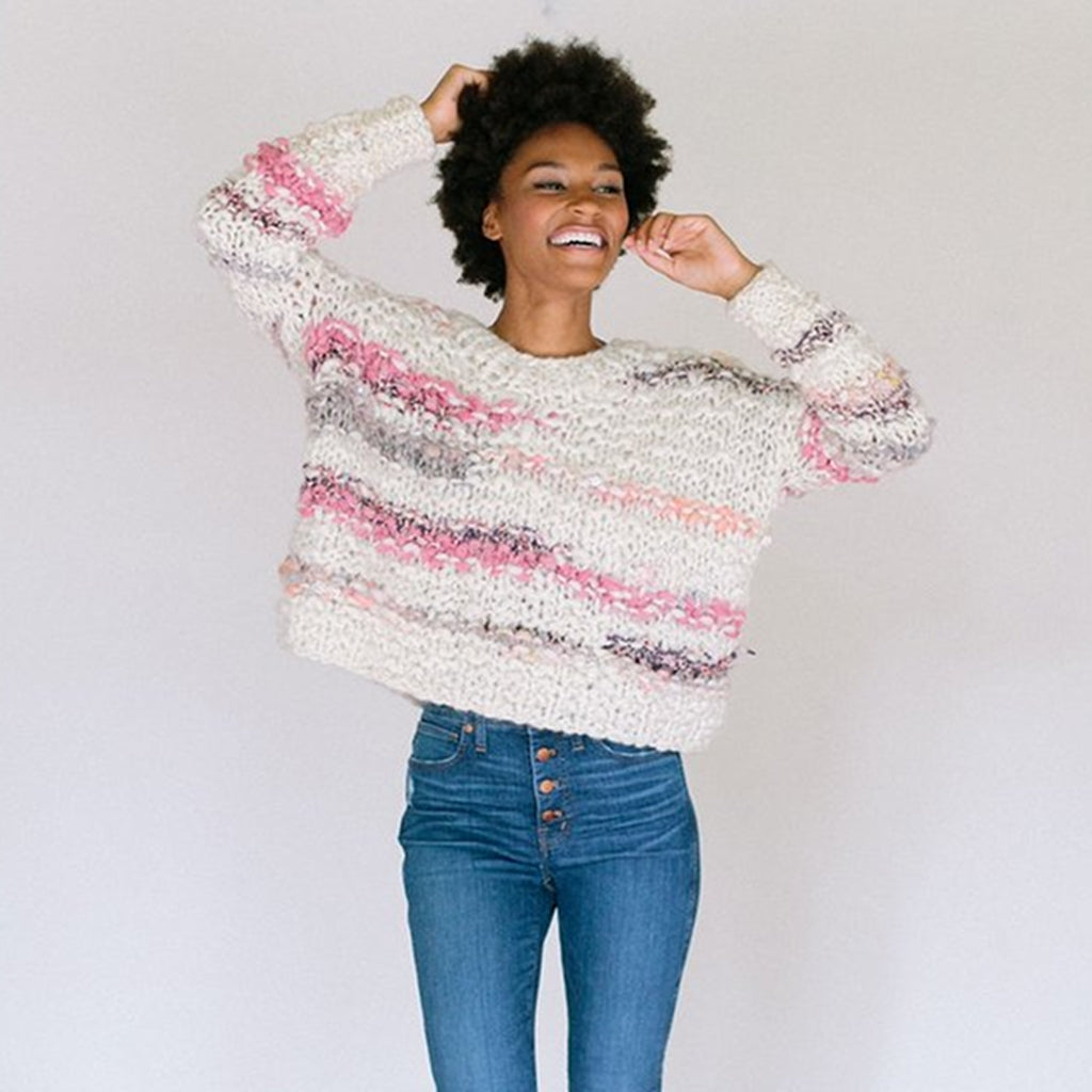 knit collage sunwoven sweater knitting pattern with large oversized jumbo yarn