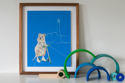 A Quokka artwork by Good Art Australia. Painting framed and sitting on a shelf with kids toys.