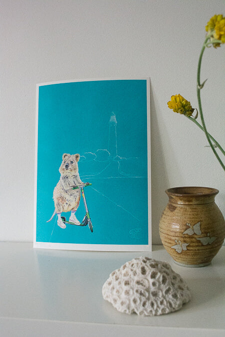 Rottnest Island Quokka art print. Styled with coral, vase and Australian wildflowers.