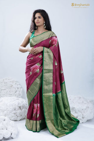 Cardinal Purple Printed Kanjivaram Silk Saree With Floral Design