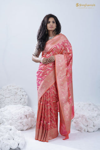 pink valentines dress - Bubblegum Pink Banarasi Silk Saree With Floral Jangla Weaving