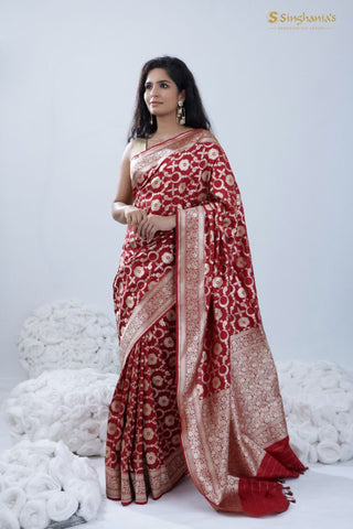 red saree for valentine day - Vermillion Red Banarasi Silk Saree With Floral Jaal Weaving