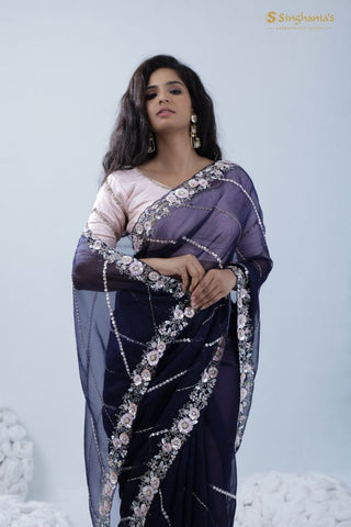 gifting saree - Admiral Blue Designer Organza Saree With Hand Embroidery