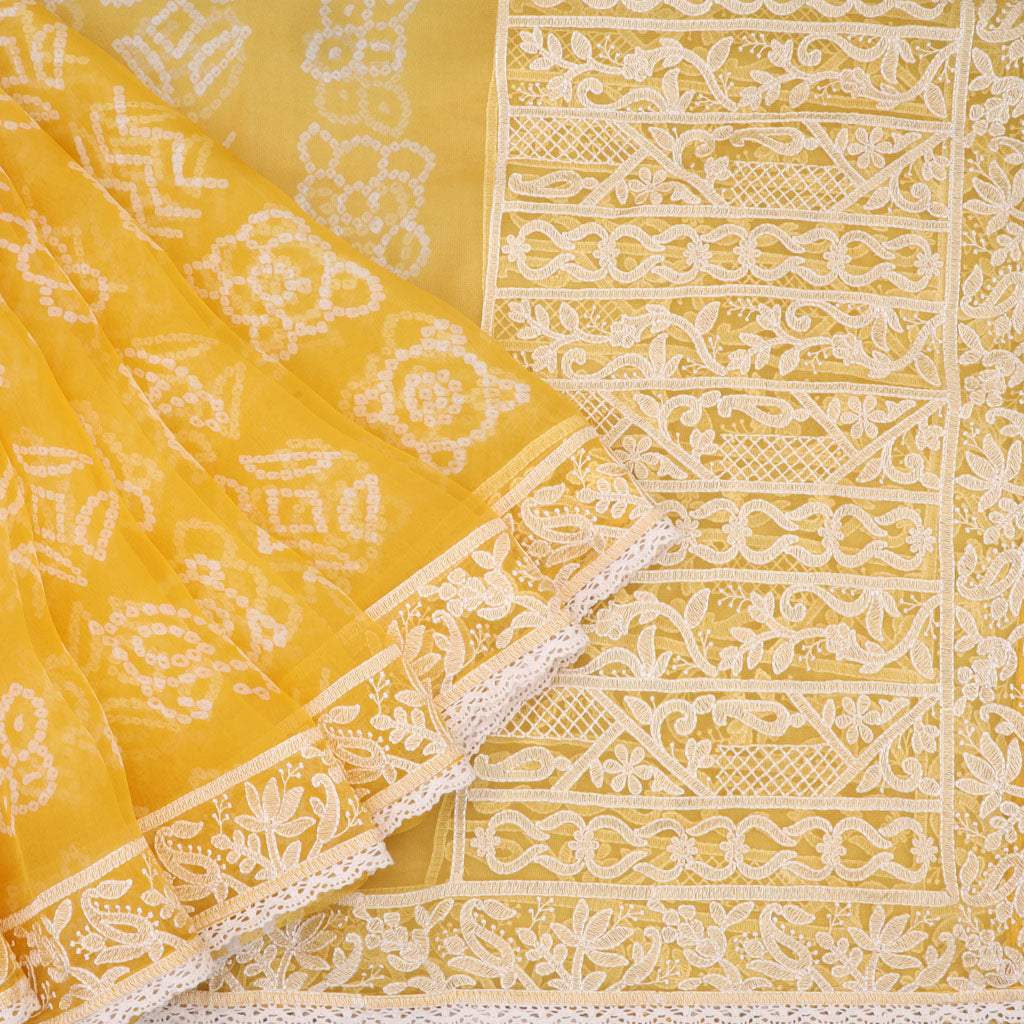 Bright Yellow Bandhani Printed Organza Saree