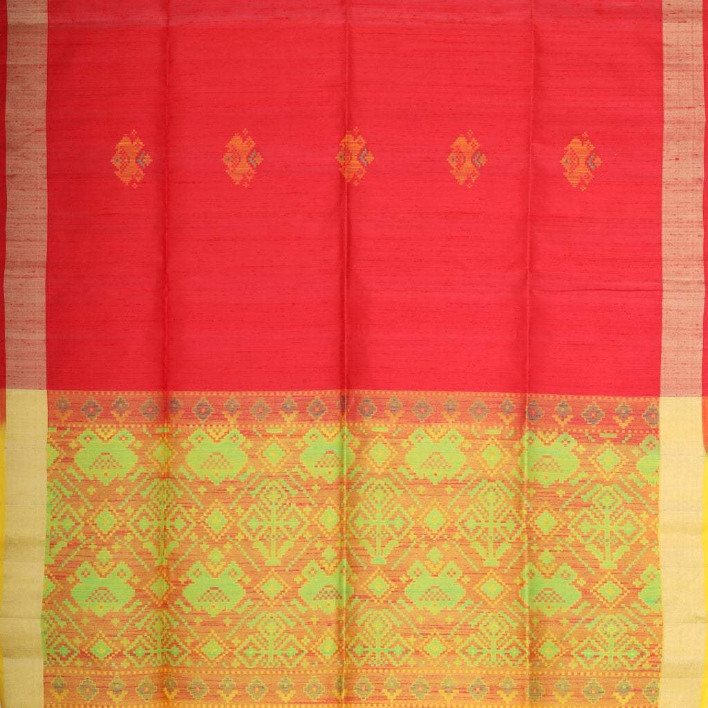 Vibrant Red Dupion Soft Silk Saree With Ikat Pattern - Singhania's