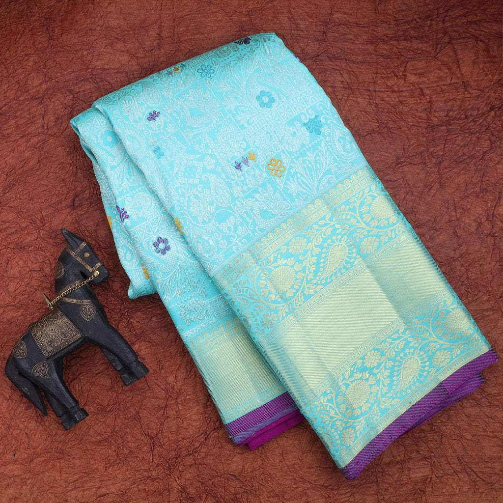 Light Blue kanjivaram Silk Saree With Floral Pattern - Singhania's