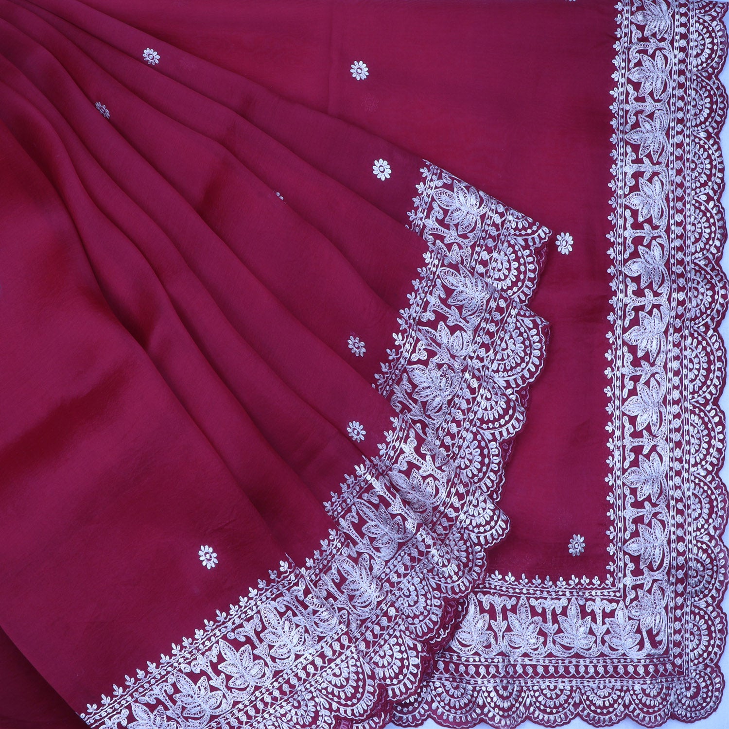 Crimson Red Organza Saree With Floral Embroidery