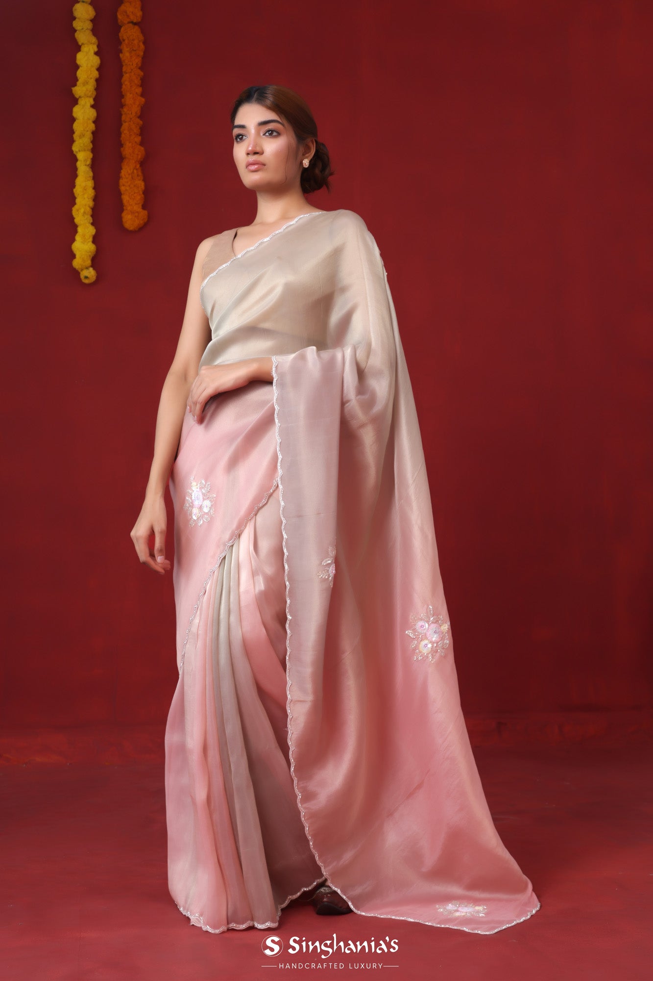 Peach Orange Hand Woven Organza Tissue Silk Saree –